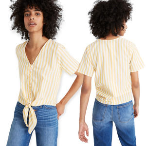 Madewell Womens Size Small Summer Striped Tie Front Blouse Short Sleeve V-Neck